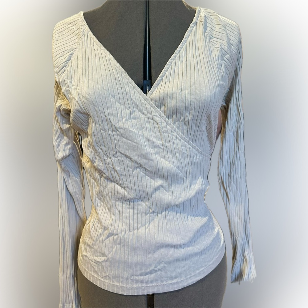 Universal Threads Long Sleeve Ribbed Cotton Shirt Plunge Top Tan Size Large